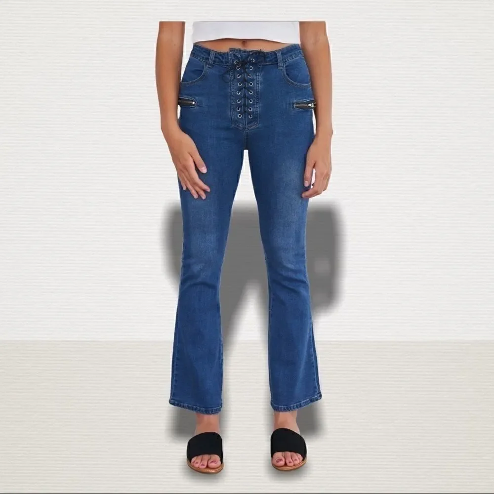 High Waisted Denim Lace Up Bell Bottom Jea… - Picture 3 of 8